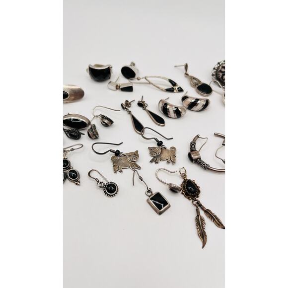 Lot Of Sterling Silver 925 Earrings Single/Pairs Black Onyx Silver SCRAP CRAFT - Picture 5 of 11